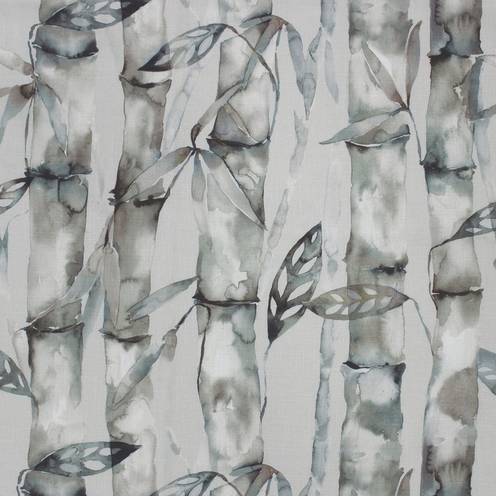 Painterly bamboo leaves and stems in soft sage and grey on a cream ground