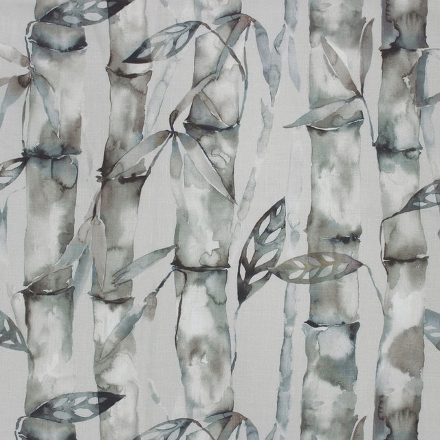 Painterly bamboo leaves and stems in soft sage and grey on a cream ground