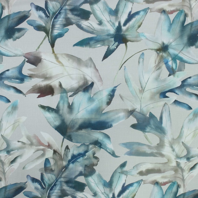 Large painterly blue and aqua leaves on a pale ground with soft watery edges