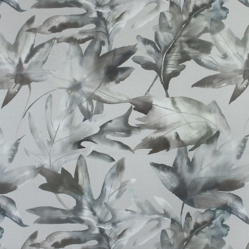 Cream fabric with oversized grey botanical leaves in a soft watercolour print