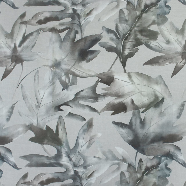 Cream fabric with oversized grey botanical leaves in a soft watercolour print