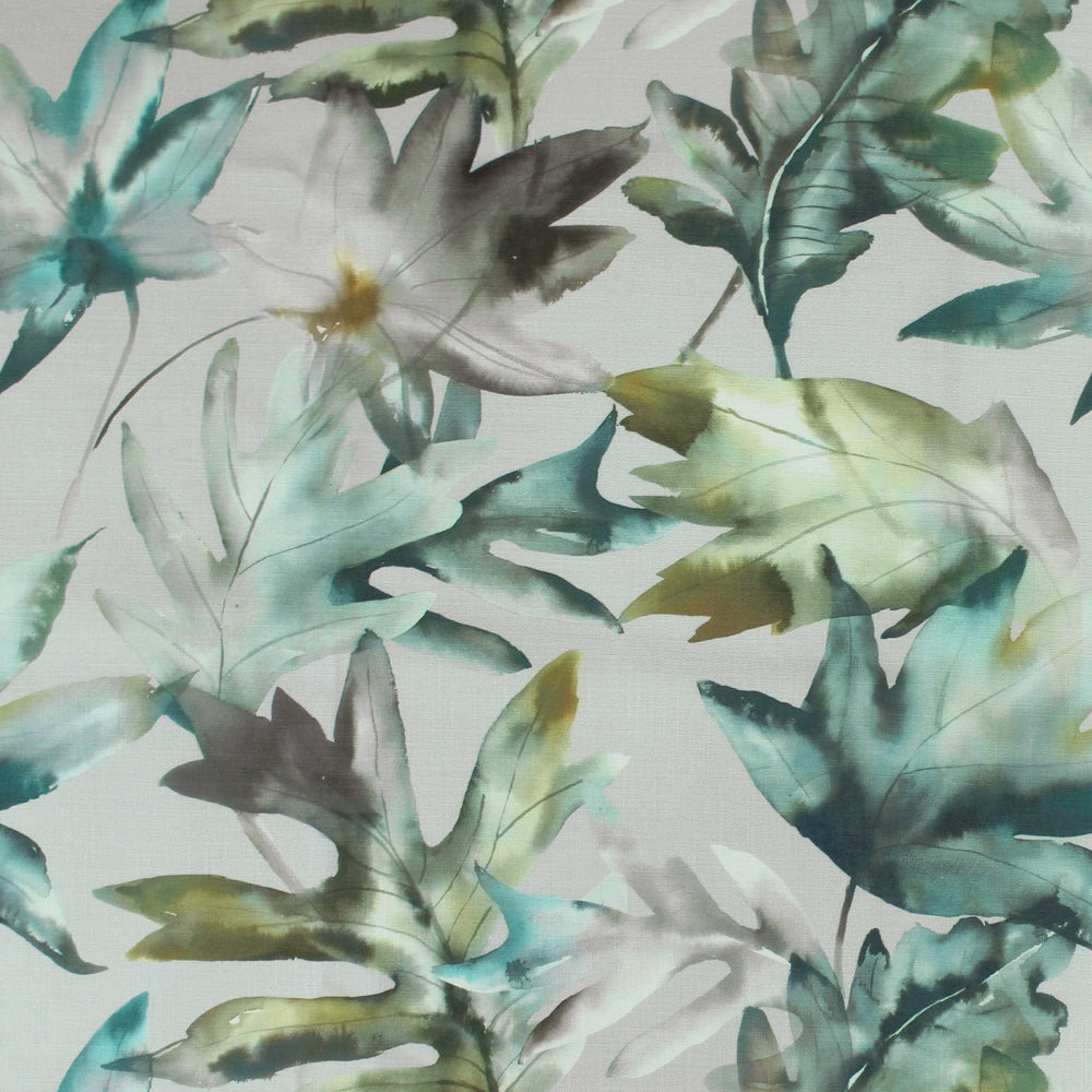 Painterly green and teal botanical leaves on a pale ground, soft printed fabric swatch
