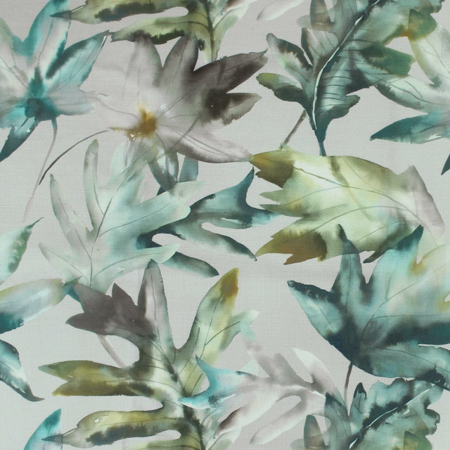 Painterly green and teal botanical leaves on a pale ground, soft printed fabric swatch