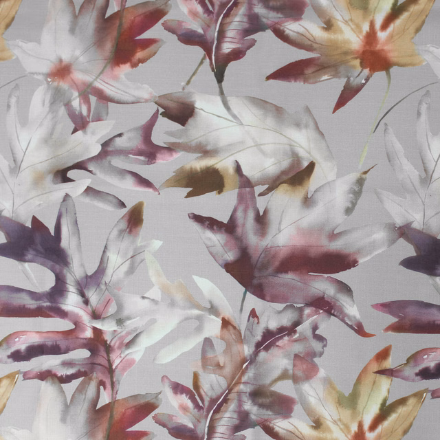 Pale botanical fabric with plum, mauve and blush leaf motifs on a light ground