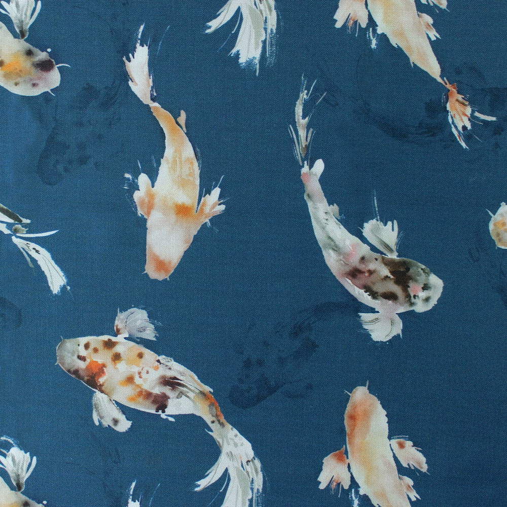 Teal-blue koi fish print fabric with cream, apricot and mottled markings