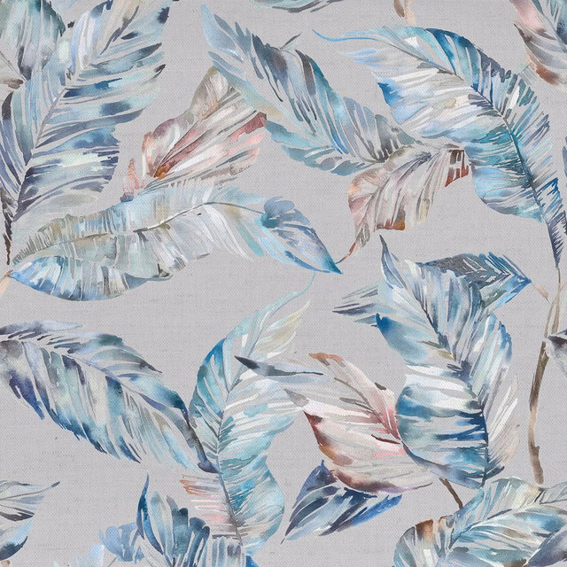 Painterly blue and aqua leaf print on a pale ground, with soft blush accents