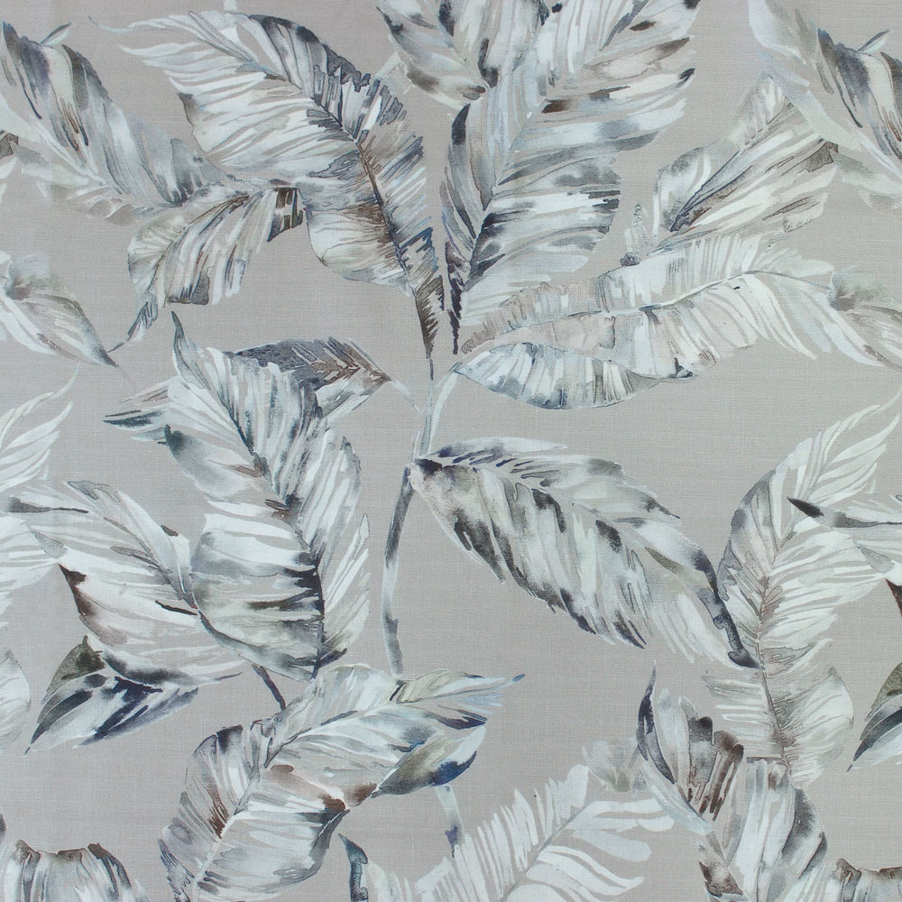 Large painterly grey and white leaf print on a soft greige fabric ground
