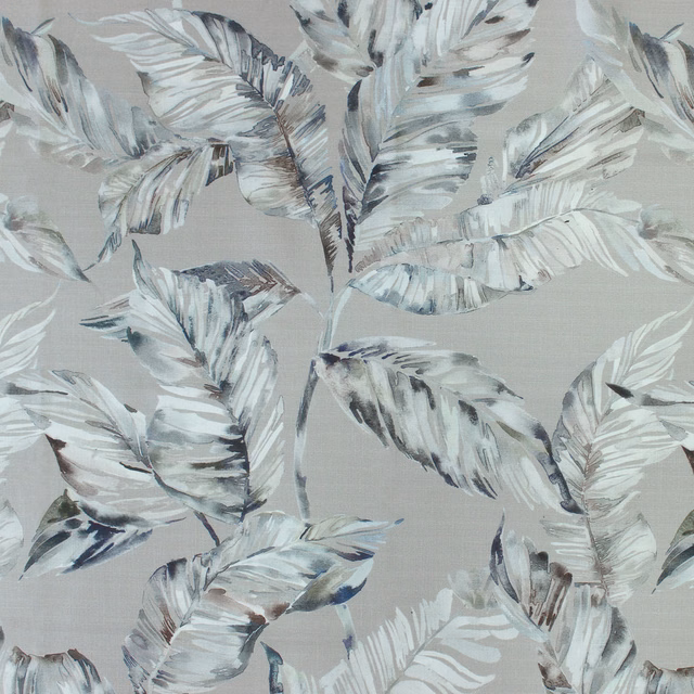 Large painterly grey and white leaf print on a soft greige fabric ground
