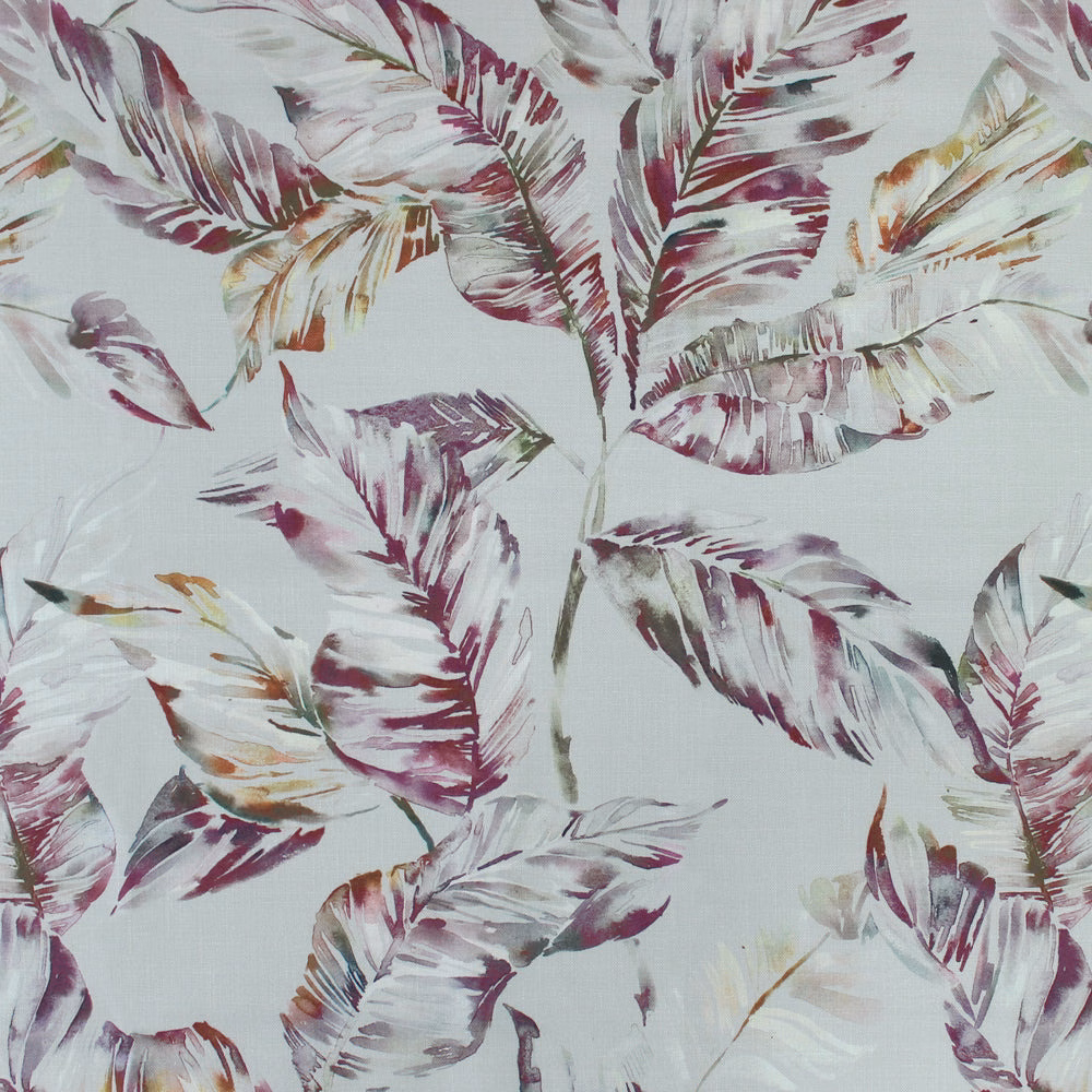 Painterly pink and mauve feathered leaf fabric on a pale background