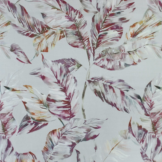 Painterly pink and mauve feathered leaf fabric on a pale background