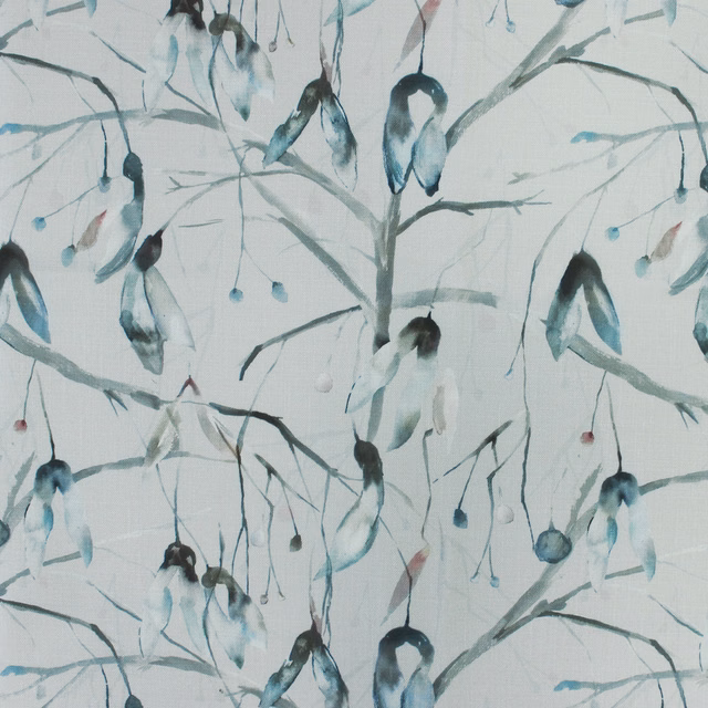 Painterly blue botanical fabric with pale ground and hanging floral stems