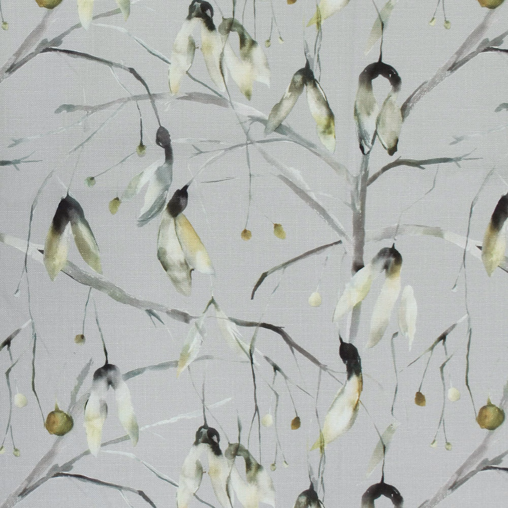 Pale sage botanical fabric with hanging leaf motifs on a light ground