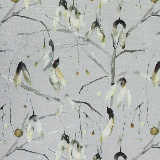 Pale sage botanical fabric with hanging leaf motifs on a light ground