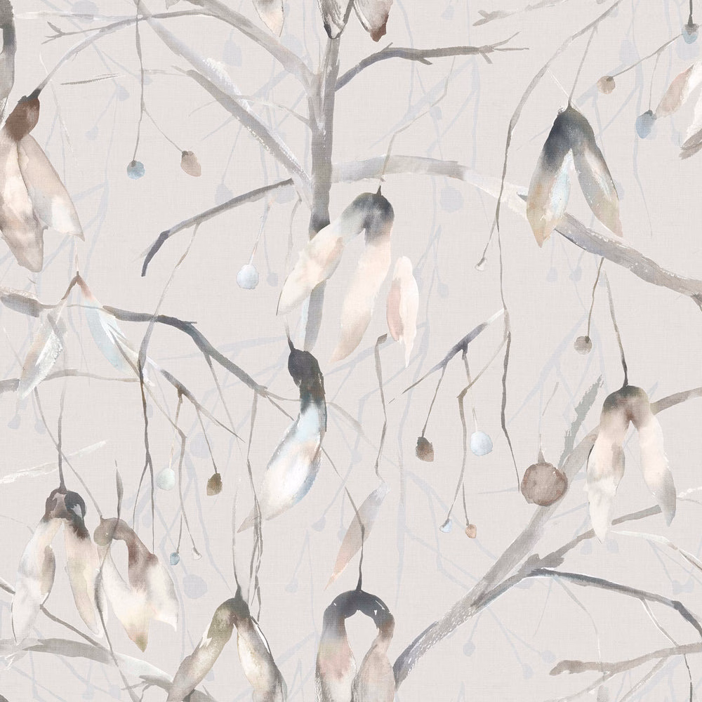 Pale grey botanical fabric with smoky branches and soft hanging leaf forms