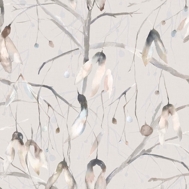 Pale grey botanical fabric with smoky branches and soft hanging leaf forms