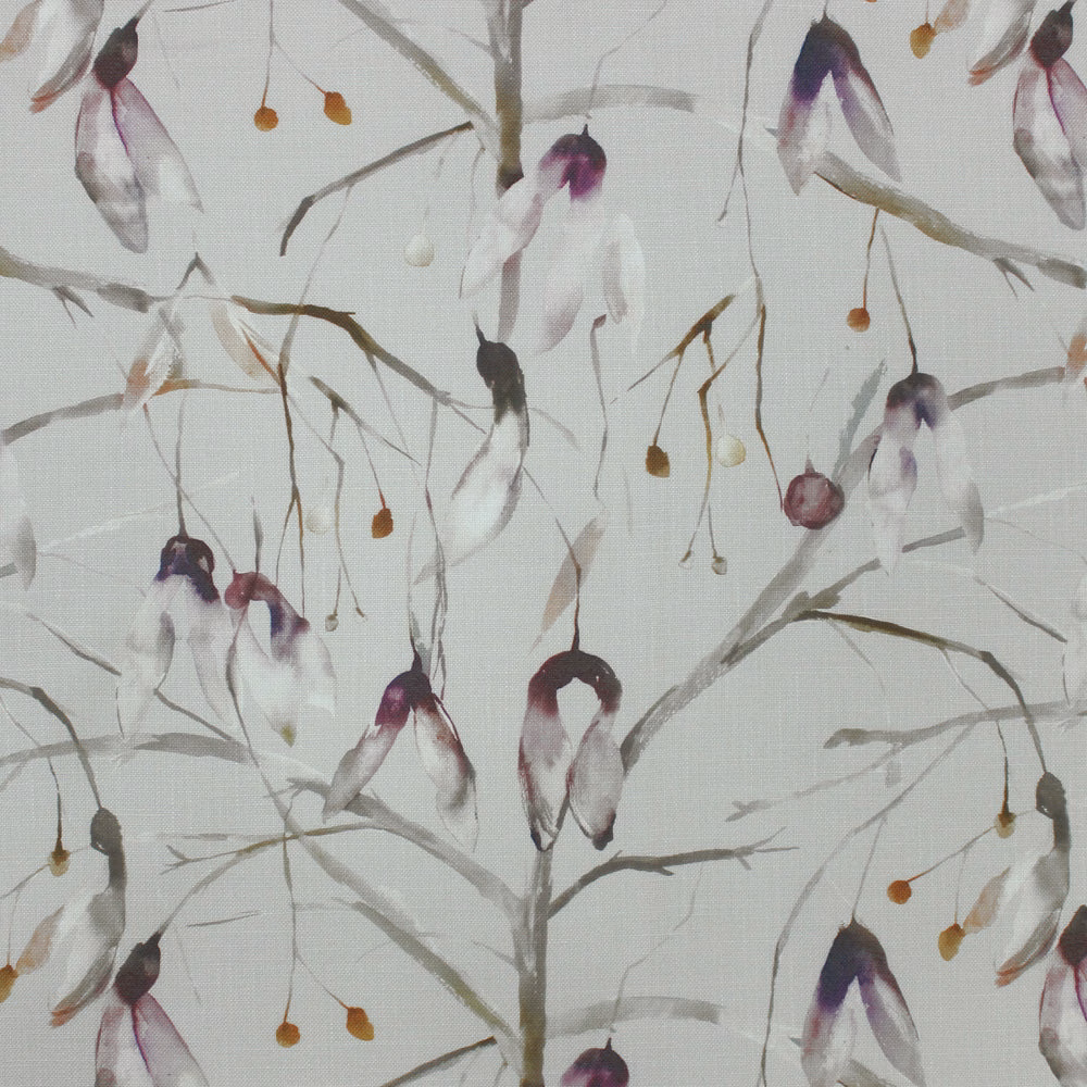 Light floral fabric with dusky red petals and fine grey-brown stems