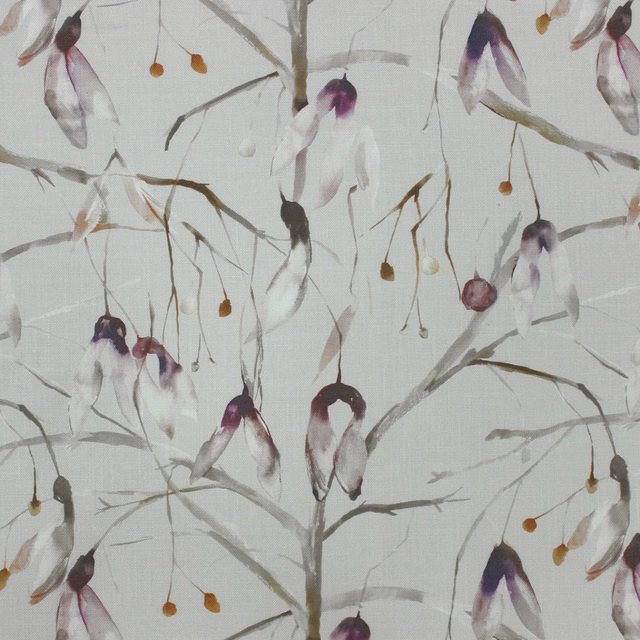 Light floral fabric with dusky red petals and fine grey-brown stems