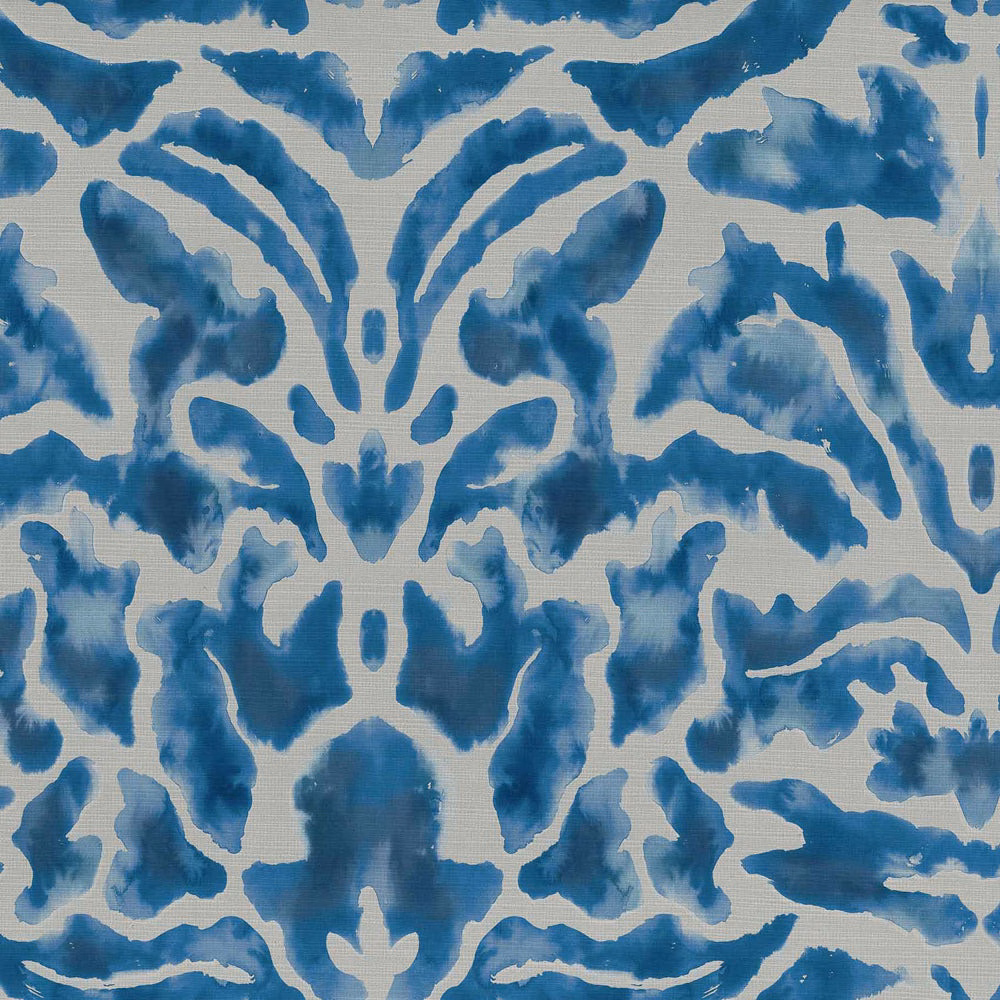 Painterly blue damask pattern on a pale ground, with soft brush-like edges