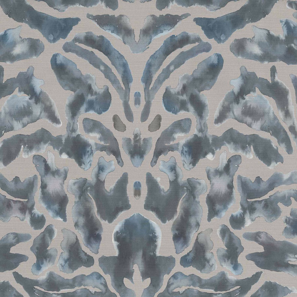 Large mirrored damask motif in cool blue-grey and soft grey on a pale ground