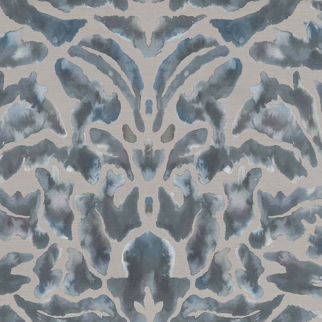 Large mirrored damask motif in cool blue-grey and soft grey on a pale ground