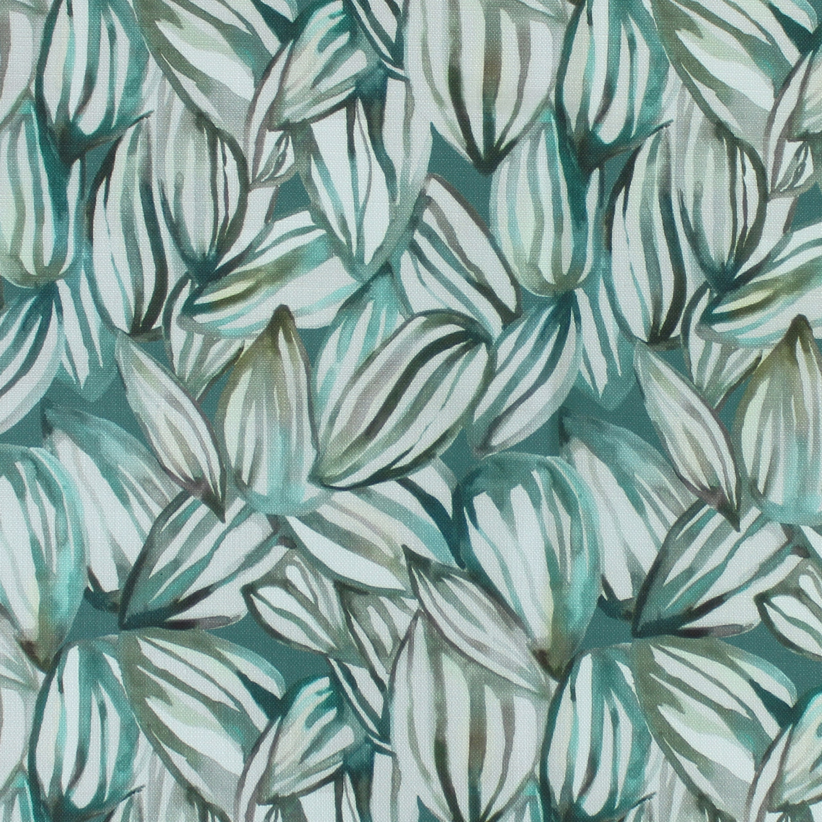 Painterly green and aqua leaf print fabric with dark outlined botanical shapes