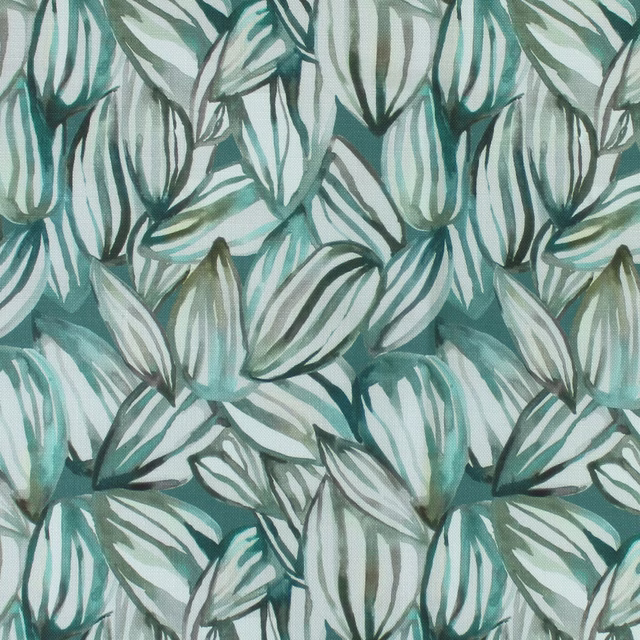 Painterly green and aqua leaf print fabric with dark outlined botanical shapes