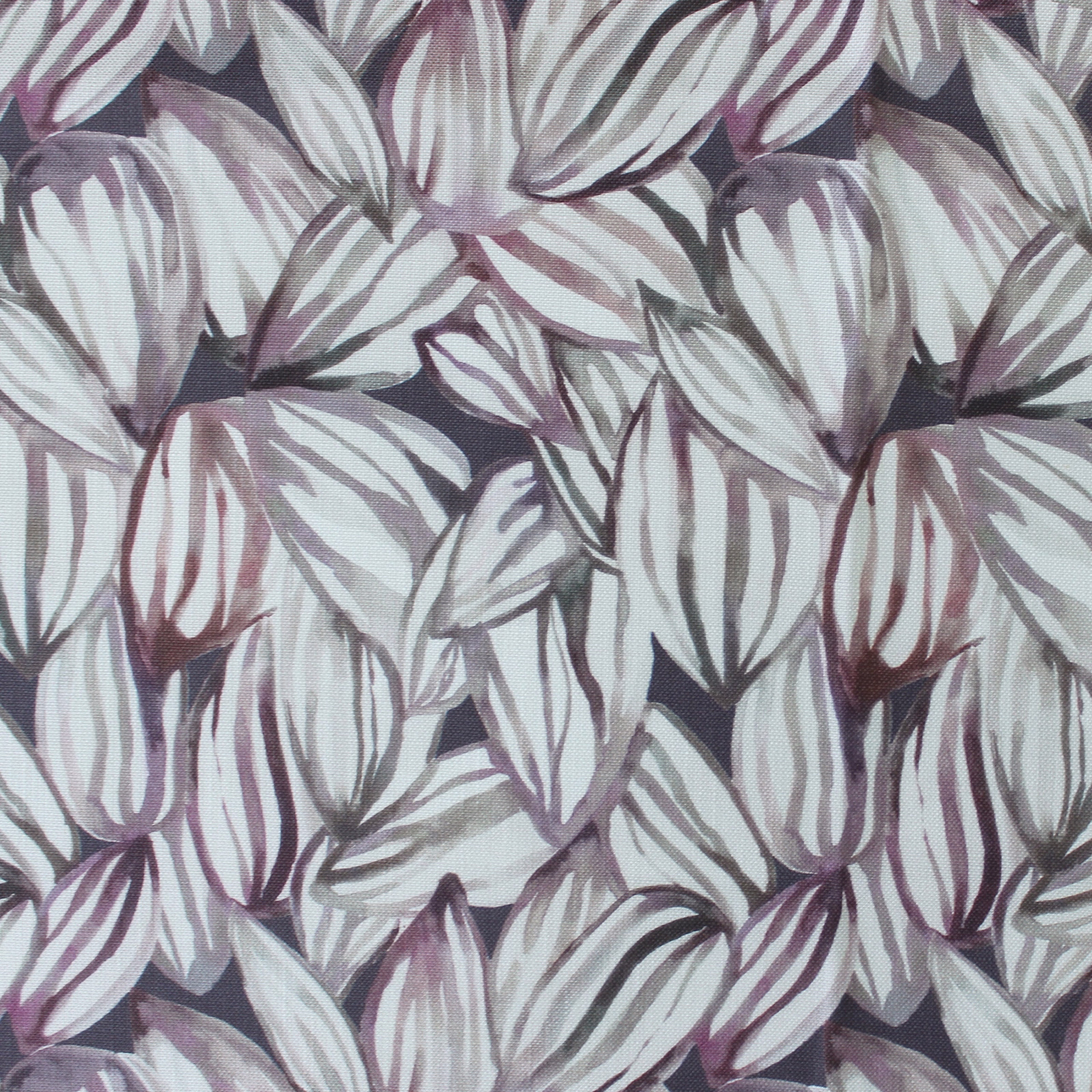Painterly mauve and lilac leaf pattern on a pale ground