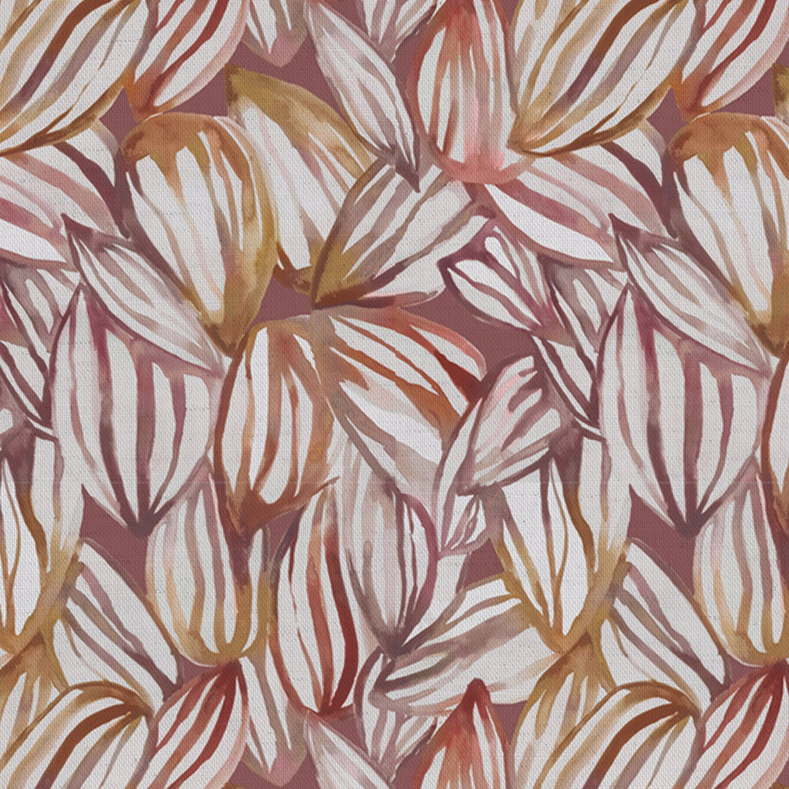 Painterly leaf-pattern fabric in dusty red, ivory, ochre and blush tones