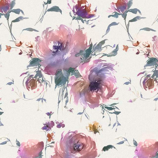 Painterly pink and lilac floral fabric on an ivory ground