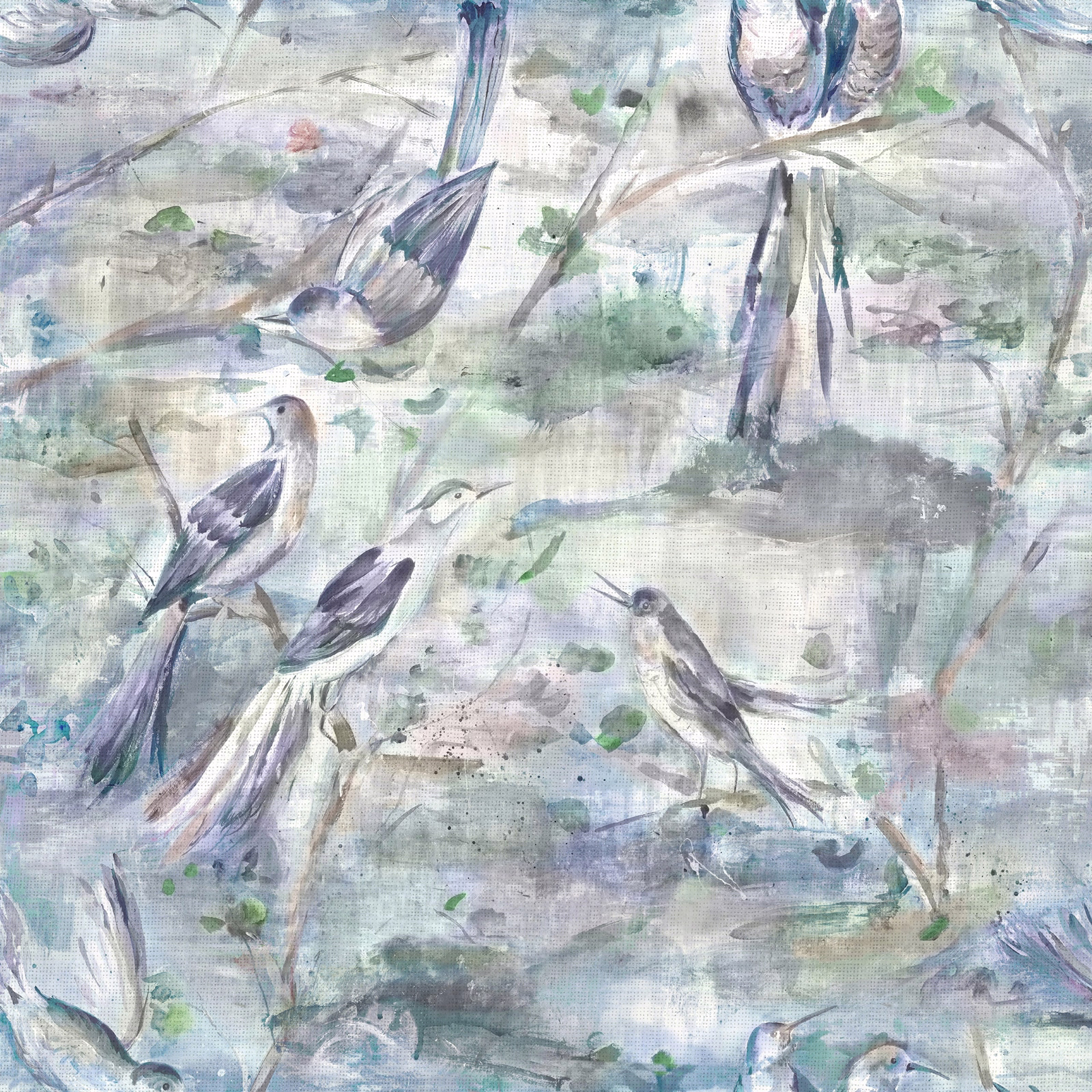 Painterly bird-and-foliage fabric in soft grey, sage and lilac tones