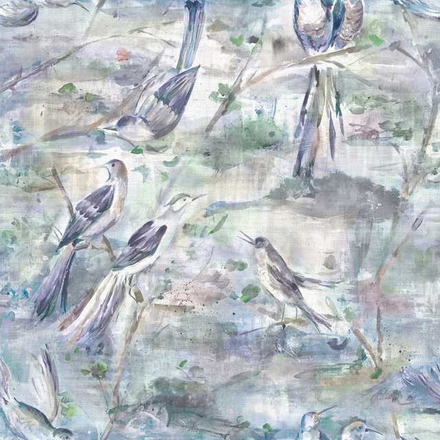 Painterly bird-and-foliage fabric in soft grey, sage and lilac tones