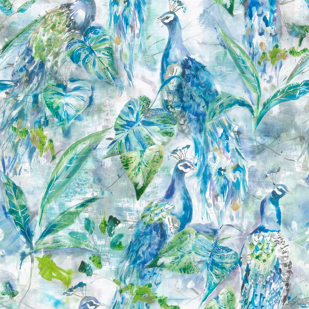 Painterly blue and green peacock print on a pale misty ground
