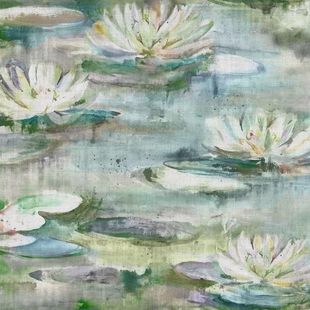 Painterly sage green waterlily print with soft white petals on a linen-look ground