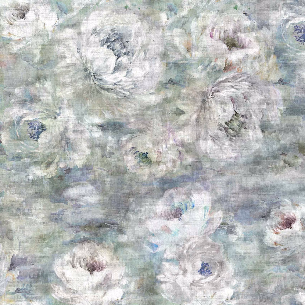 Painterly floral fabric in misty blue-grey, sage and chalk white with large blooms