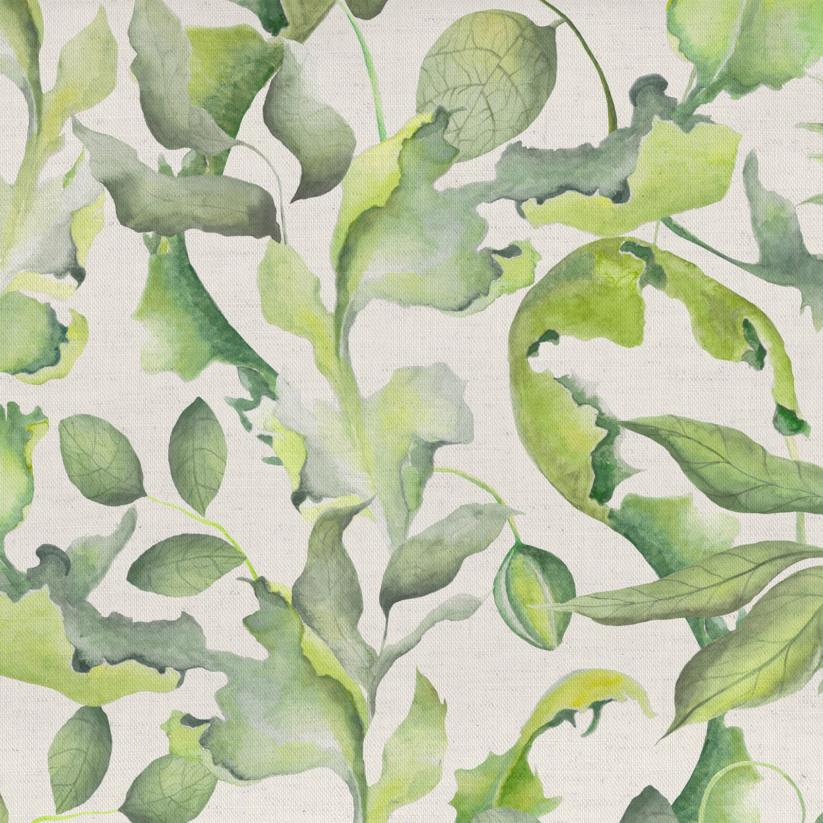 Watercolour-style green leaf print on a pale woven cotton-linen ground