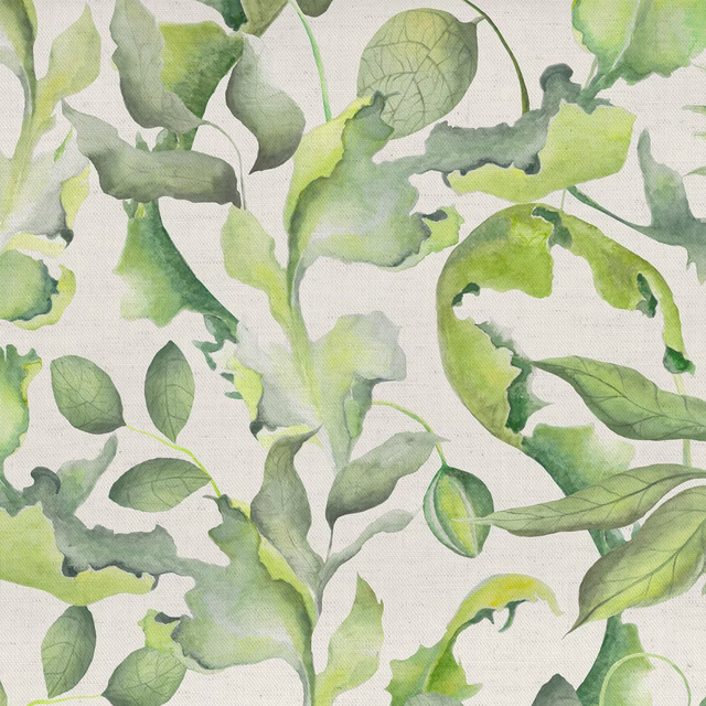Watercolour-style green leaf print on a pale woven cotton-linen ground