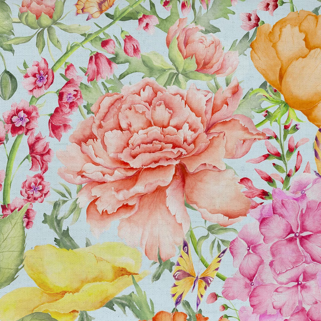 Large painterly floral fabric on a pale sky-blue ground with coral, pink, yellow, and green blooms