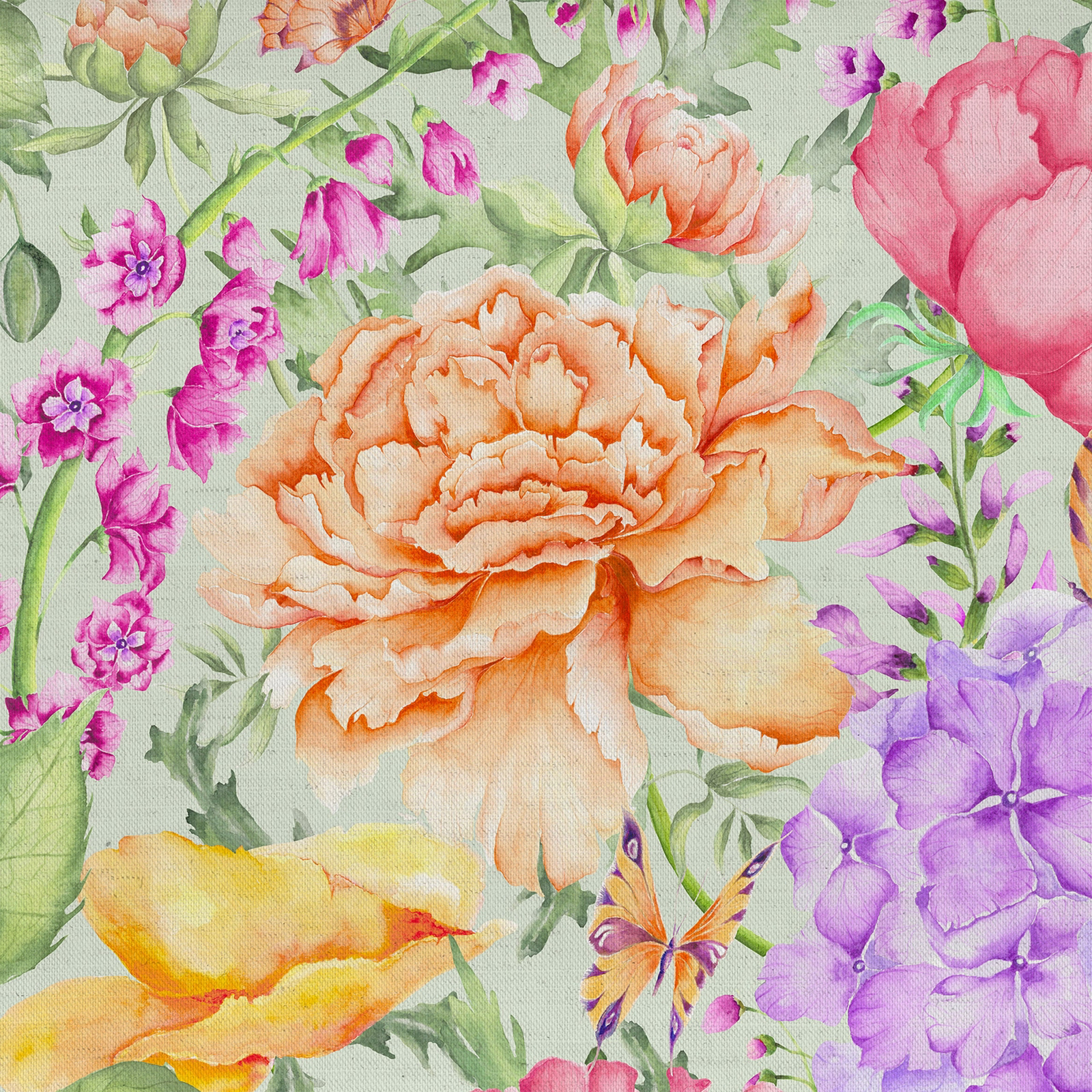 Mint green floral fabric with peach, pink and lilac painterly blooms