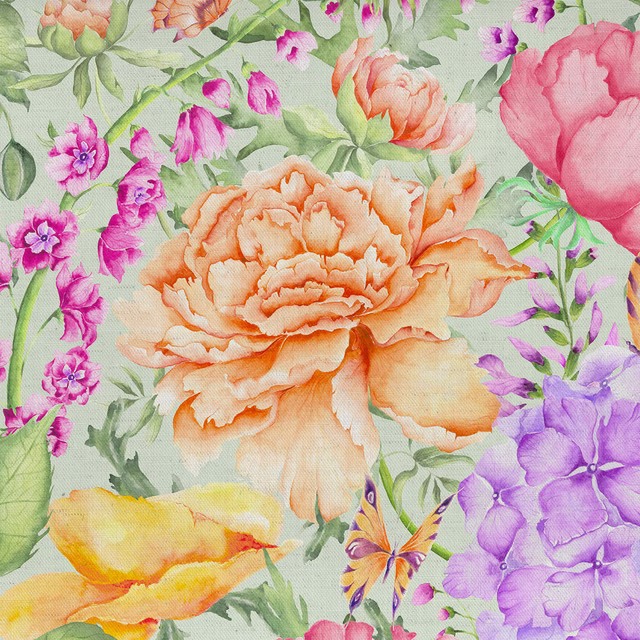Mint green floral fabric with peach, pink and lilac painterly blooms