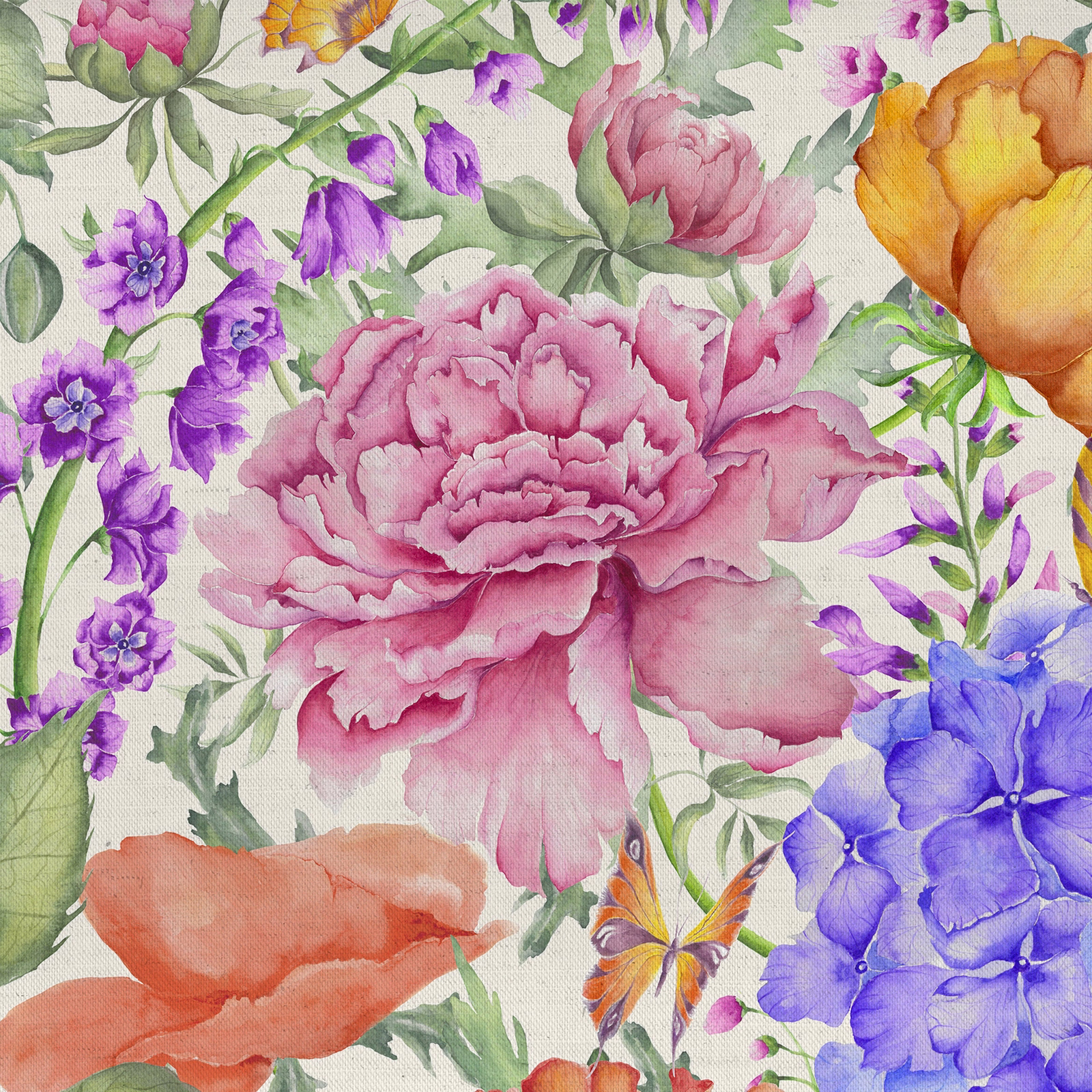Painterly floral fabric with a large dusty pink peony, lilac blooms and green leaves