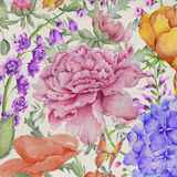 Painterly floral fabric with a large dusty pink peony, lilac blooms and green leaves