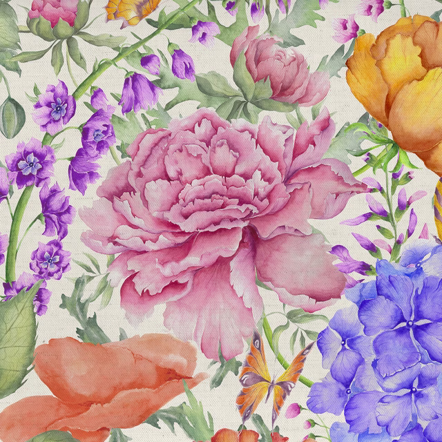 Painterly floral fabric with a large dusty pink peony, lilac blooms and green leaves