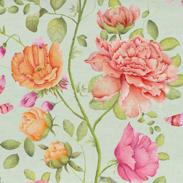Painterly floral fabric with coral and orange blooms on a soft green ground