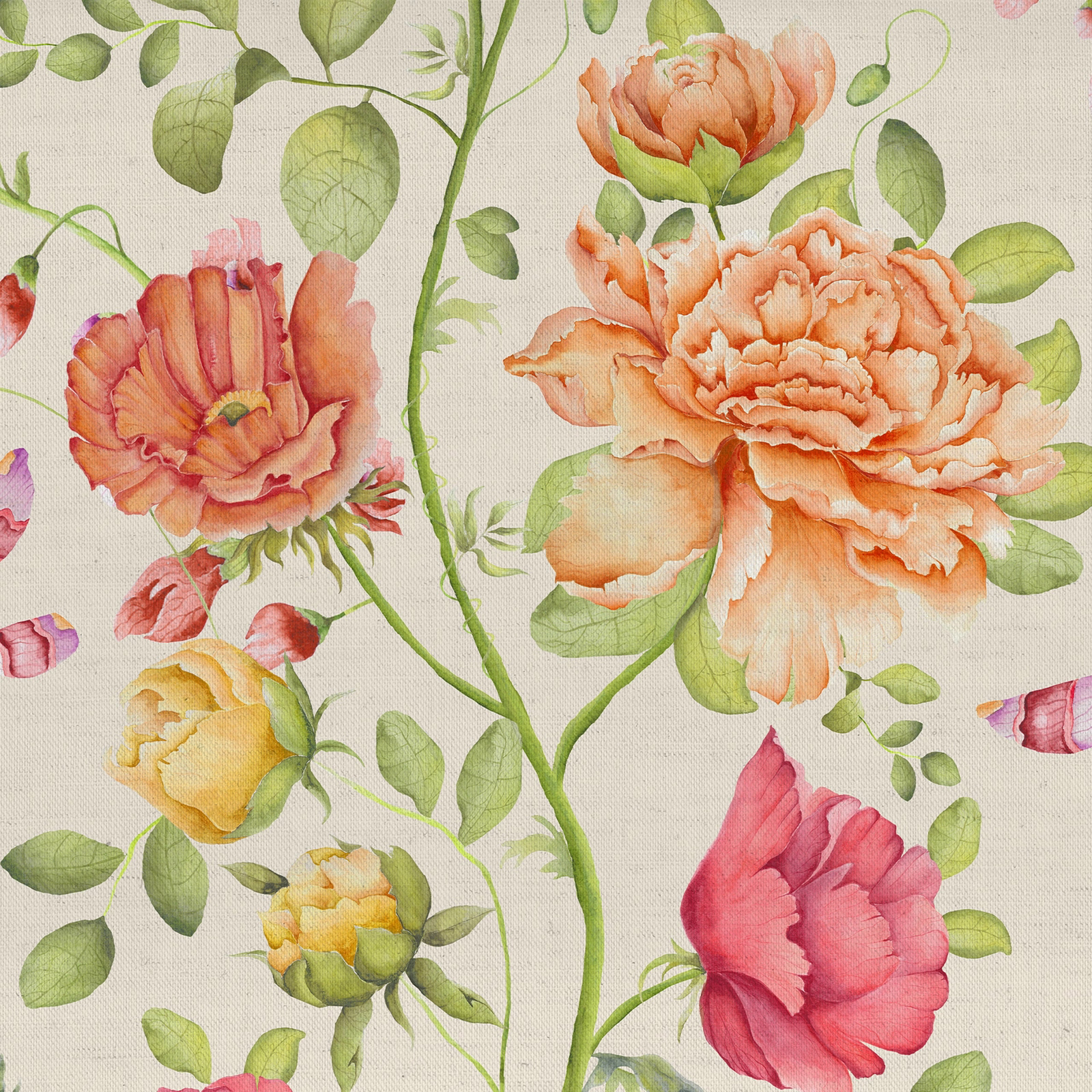 Watercolour floral fabric with apricot, pink and yellow blooms on a pale ground
