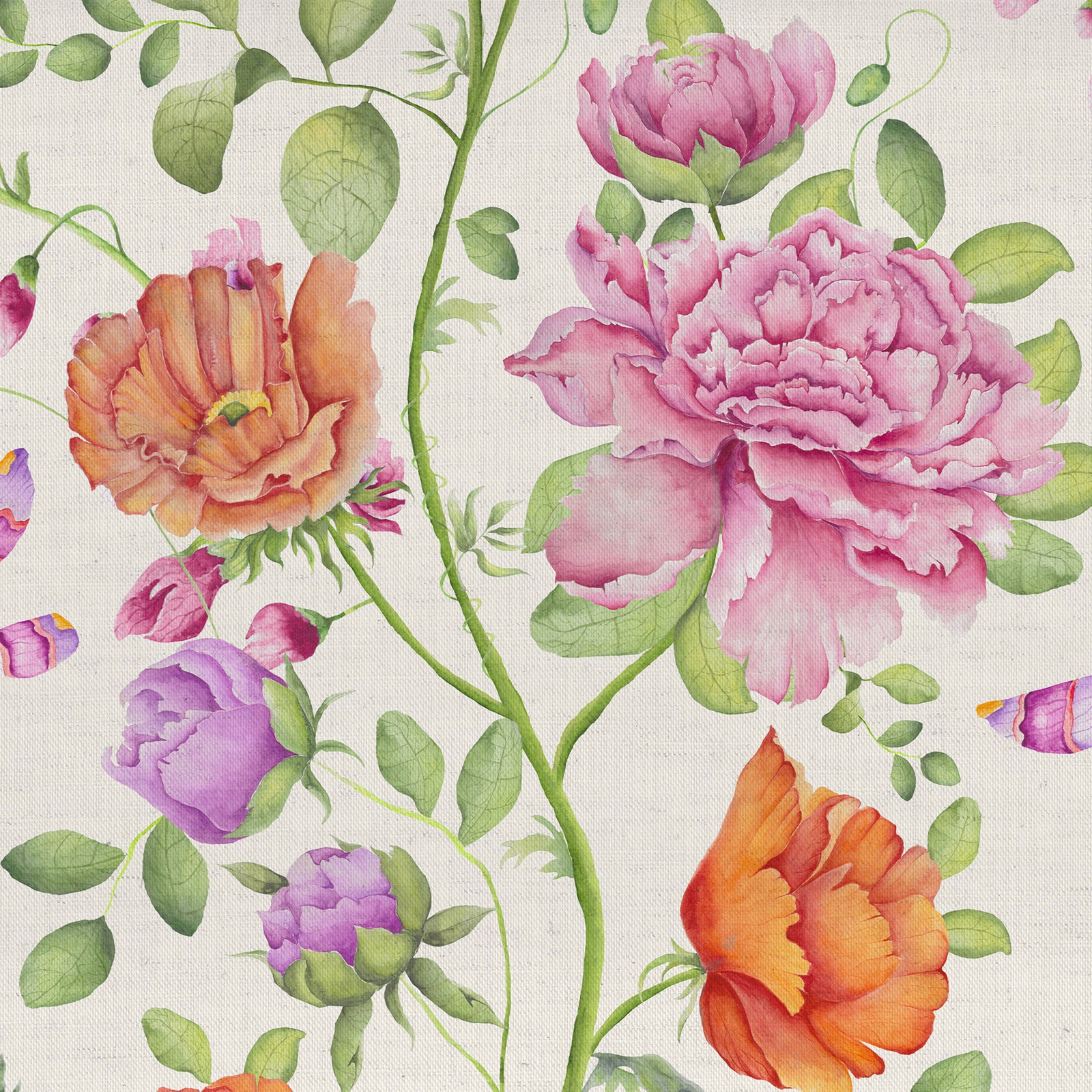 Large painterly pink and orange floral print on a pale natural ground