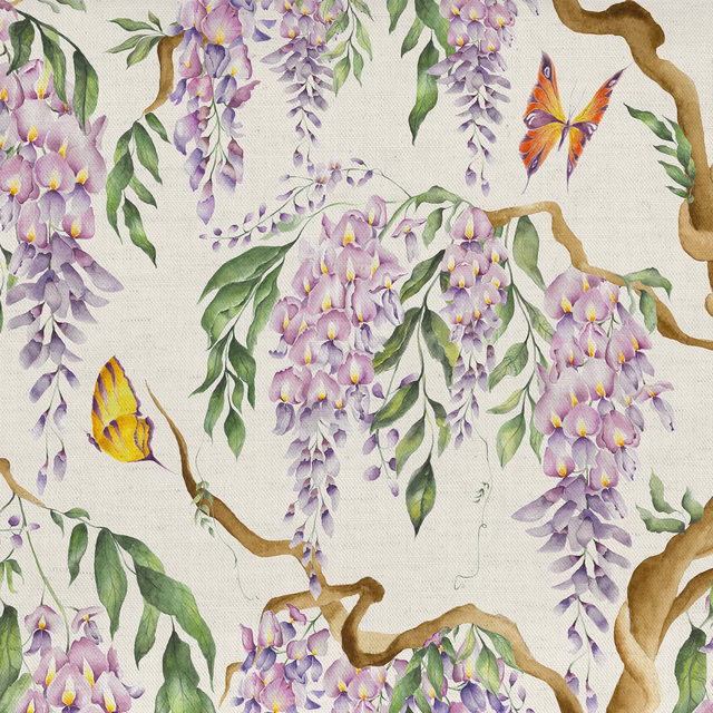 Painterly lilac wisteria, green leaves and butterflies on a cream fabric ground