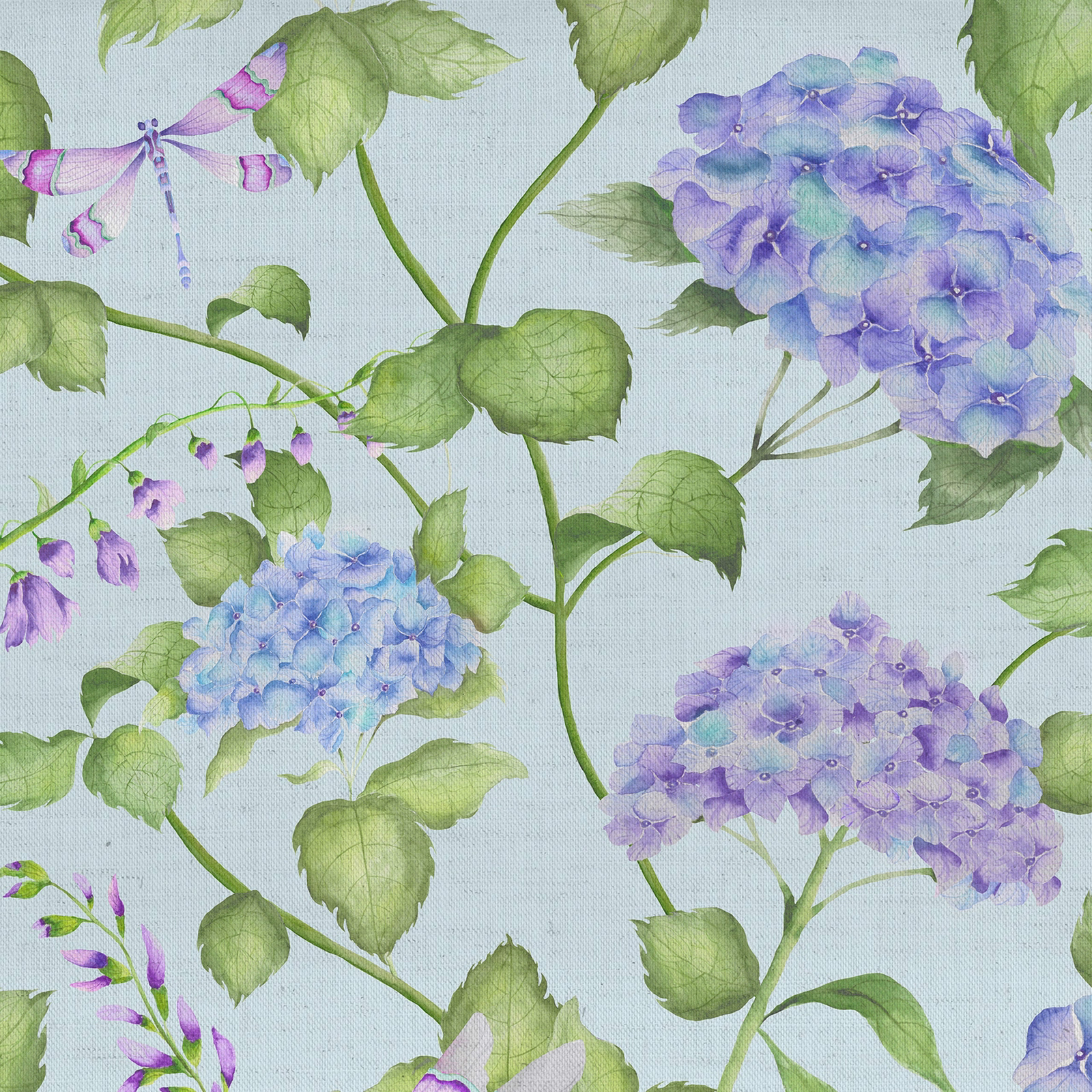Light blue floral fabric with lilac hydrangeas, green leaves and a painted finish
