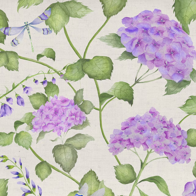 Lilac floral fabric with green leaves on a natural woven ground