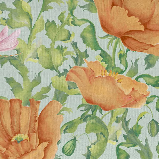 Painterly orange floral fabric with green leaves on a pale ground