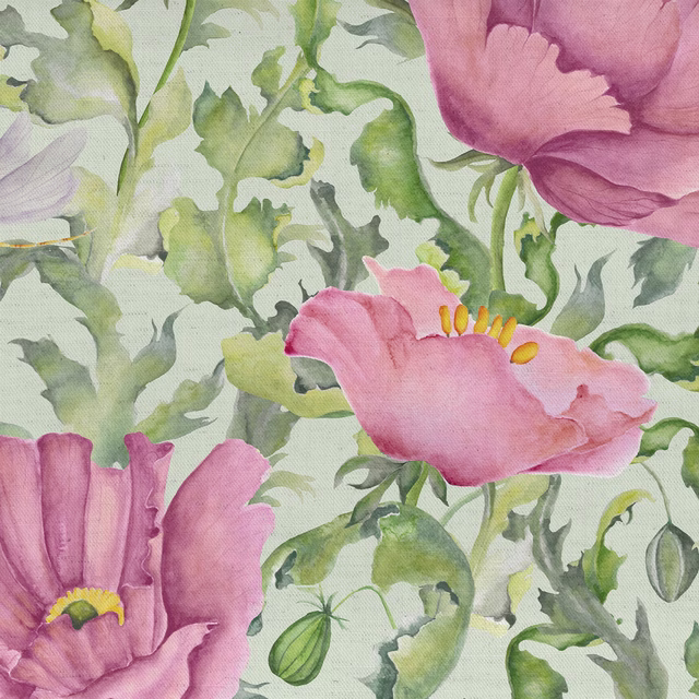 Painterly pink floral fabric with green leaves on a pale ground